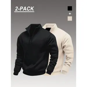Men's Classic 2-Piece Solid Color Half-Zip Sportswear, Fitted Casual Athletic Hoodie Sweatshirt, Fall & Winter Fashion, Plain Pattern
