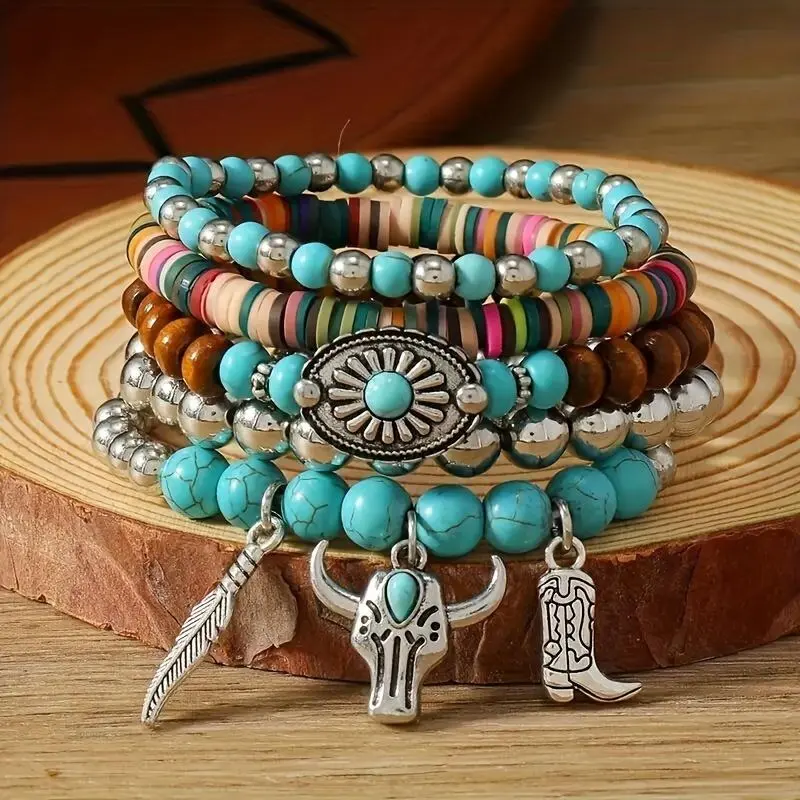 5pcs Elegant Beaded Stretch Bracelet For Women With Turquoise Stone Handmade Beaded Bracelet Retro Pendant Chain Set Charms Boho Chic Multiple Color Elastic Bead Stackable Bracelets For Daily Wear Fashion Jewelry Set