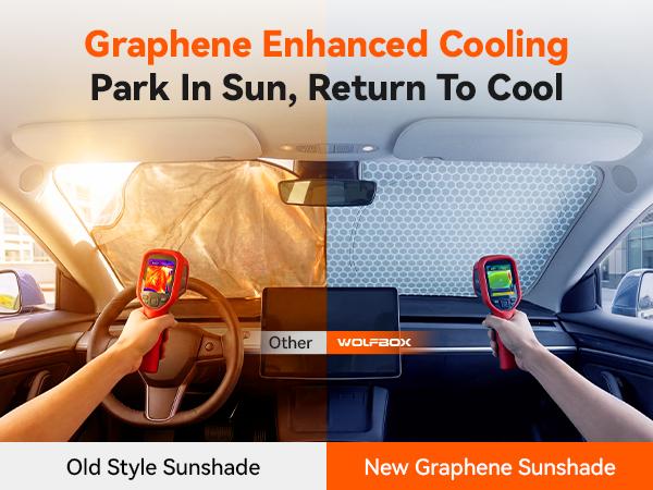 WOLFBOX Graphene Car Windshield Sun Shade with Ice Silk Technology Advanced Heat Dissipation Fabric, Blocks 99% UV & Infrared Rays, Foldable Front Window Sunshade