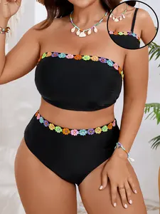 New Women's Plus Size Solid Color Bandeau Bikini Two-Piece Set, Beachwear, Detachable Straps, High Waist Swimsuit, Plain Pattern, H Type Swimsuit, Modest Bikini, All Seasons