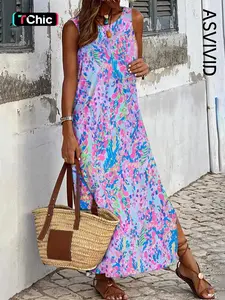 Women's All Over Print Backless Split Tank Dress, Boho Bohemian Sleeveless Round Neck Long Maxi Dress for Beach Holiday Vacation, Ladies Summer Clothes