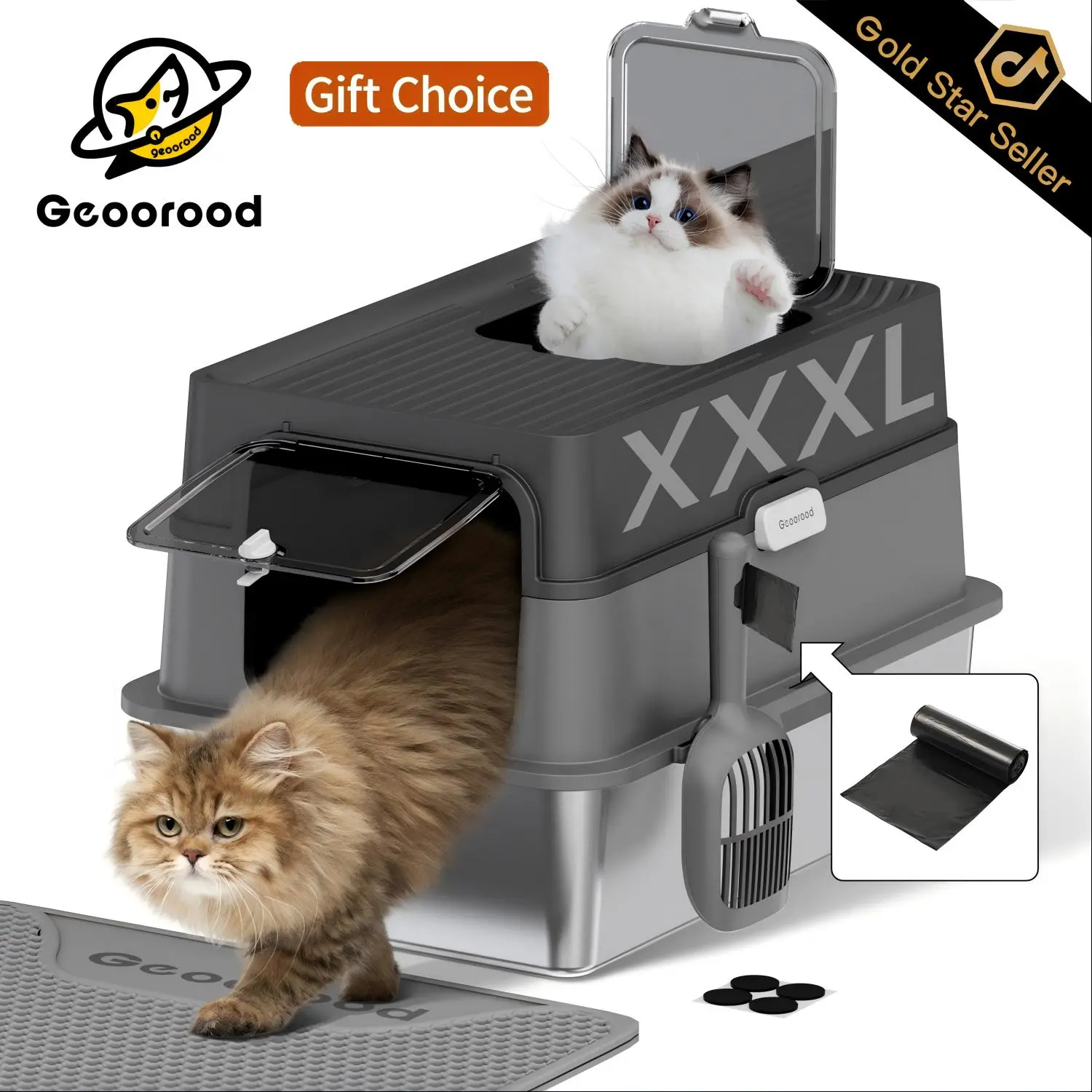 【Geoorood】Geoorood XXL Cat Litter Box Stainless Steel 20L with Lid, XL Large Metal Litter Box High Sided Design,Anti-Urine Leakage, Include Cat Mat & Litter Scoop, Never Absorbs Odors, Easy Cleaning, Non-Sticky#backtoschool