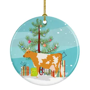 212 MAIN Round Ceramic Porcelain Christmas Ornament - Guernsey Cow Motif, Paint-Ready, Gloss Finish, Personalized Hangable Festive Home Decoration, Ideal Gift for Friends