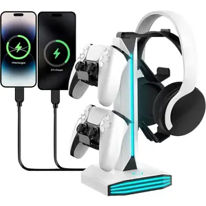 RGB Game Controller Holder and Headphone Stand, Headset Holder, Multi Color LED Gaming Desk Organizer, Universal Display Stand Compatible with PS5, Xbox and Switch Controllers, Space Saving Gaming Accessories for Desktop Setup