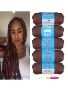 2/5/8 Roll Brown 100% Brazilian Wool Hair Acrylic Yarn for African Braids/Senegalese Twist/Faux Locs/Wraps with Crochet Hook With Free Gift Curly Faux Locs, Synthetic Lace Wig