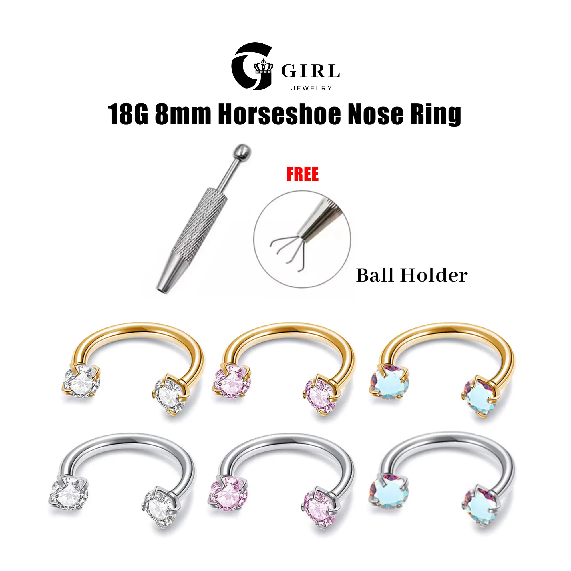 GGIRL 18G (1.0mm) Cubic Zirconia Horseshoe Nose Ring, 3mm Sparkling Artificial Gemstone Body Jewelry, Unisex Piercing Accessory for Nose, Lip & Ear