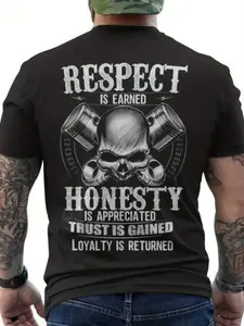 Men's & unisex (same style) 100% Cotton 220GSM T-Shirt - Respect Is Earned Back Print with Skull & Pistons Graphic, Retro Streetwear Tee for Casual Wear, Gym, Motorcycle - Ideal Gift for Men