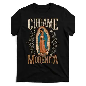 Vintage Virgin De Guadalupe Graphic T-Shirt With Floral Ornate Design 100 Cotton Unisex Regular Fit Round Neck Short Sleeve Casual Shirt For Men And Women In Black