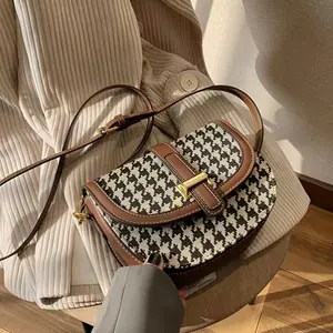 Women's Houndstooth Pattern PU Leather Saddle Bag, Solid Color Flip Top Crossbody Bag With PU Strap PU Leather Canvas Polka Dot Black Plain Brown Floral Navy Striped