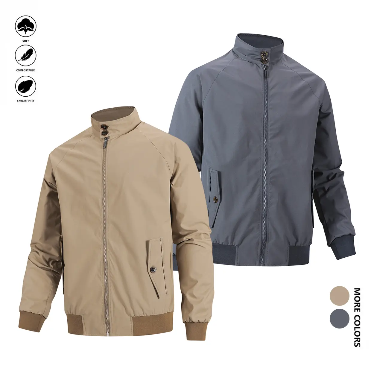 Men's Lightweight Jacket, Plain Retro Harrington Bomber Coat, Windproof with Stand Collar and Zipper Pockets