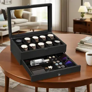 Uten 10-Slot Watch Box, 2-Layers Solid Wood Watch Display Case with Glass Lid, Watch Holder Organizer with Soft Pillow and Velvet Lining, Watch and Jewelry Storage Box, Black