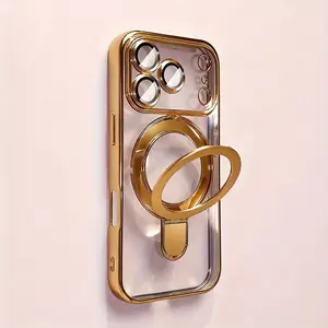 Luxury electroplated protective case with 180° rotating phone stand, suitable for iPhone 17 Pro Max, 17 Air, 16, 15, 14, 13, and 12 series. Shockproof, transparent, wireless charging, magnetic stand, ultra-thin phone case with lens protector. outdoorfun