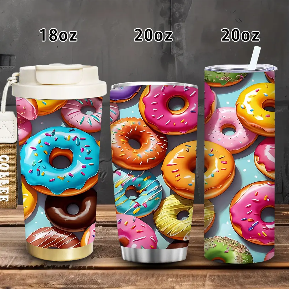 1pc Colorful Donut Print Vacuum Flask Tumbler - 18oz/20oz, with Lid & Straw, Winter Insulated Portable Drinkware, Novelty Adults’ Gift for Valentine’s Day, Ideal for Iced/Hot Coffee, Birthday Gift Ideas, Easter, Insulated Travel