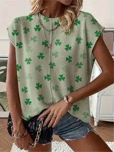 Spring/Summer collection, round neck raglan sleeves, loose fit, green print short-sleeve women's knit top. Vacation style, casual & elegant for commuting. Ladies' short-sleeve knit top, bikini cover-up.