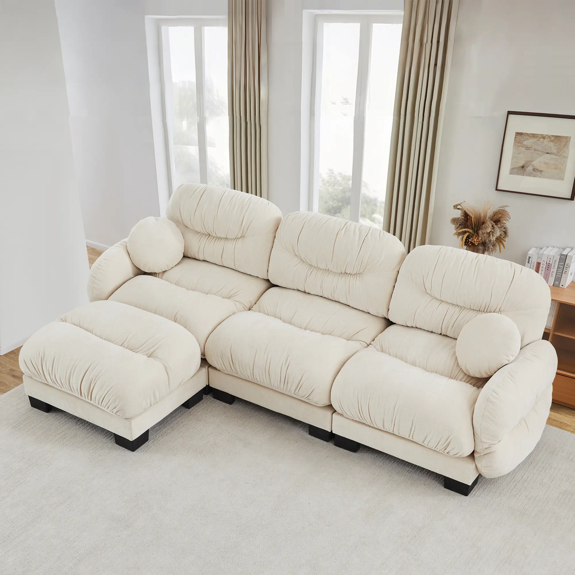 Eyisean 116in Chenille Foam Modern Modular L/U-Shaped Upholstered Sofa - Casual 3-Seat Loveseat, Pleated Design, Ottoman, Round Pillow, Curved Armrests, Deep Seat, Durable Upholstery, for Family Gatherings/Living Room, Assembly Required, Three People