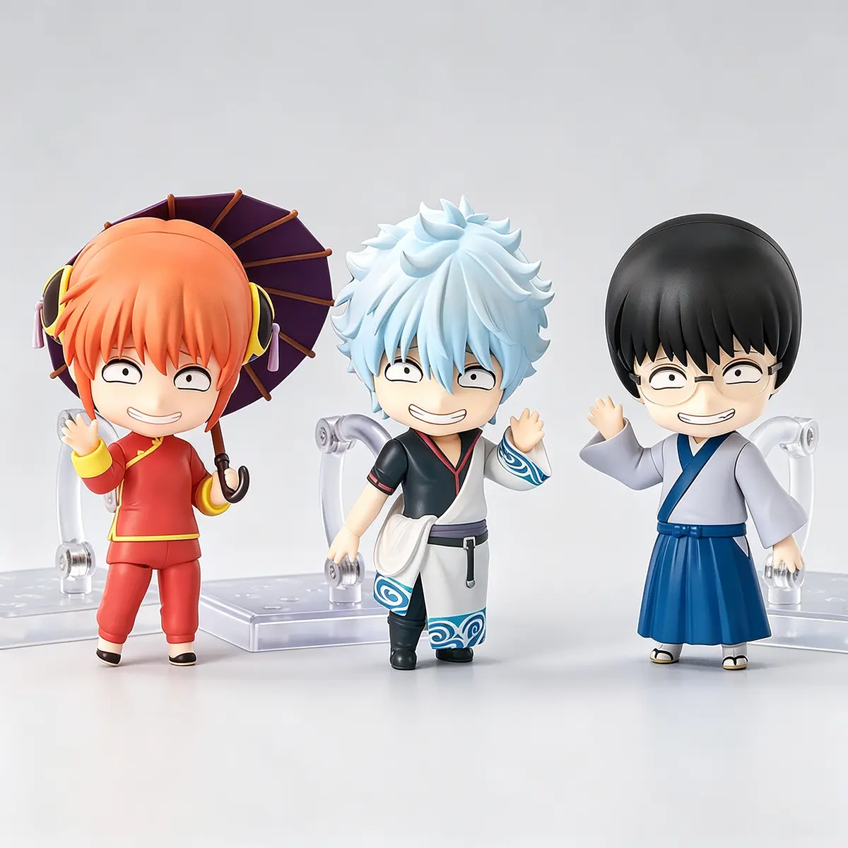 Gintama Chibi Action Figure Collection, 3 Characters Gintoki Shinpachi Kagura Sold Separately or 3-Piece Bundle, Movable Swap Face Anime Figurines with Umbrella Sword Accessories, Boxed Collectible Desk Toy Gift for Gintama Manga Fans