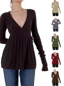 Women's Y2K Vintage Sweater, Soft Long Sleeve V-neck High Waist Knitwear for Women