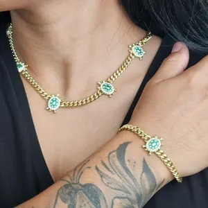 ViOrO 14K Gold Plated 6mm Cuban Link Chain with Bracelet and Zircon Turtles Style for Dairy Use. Electro Laminated Premium Jewelry