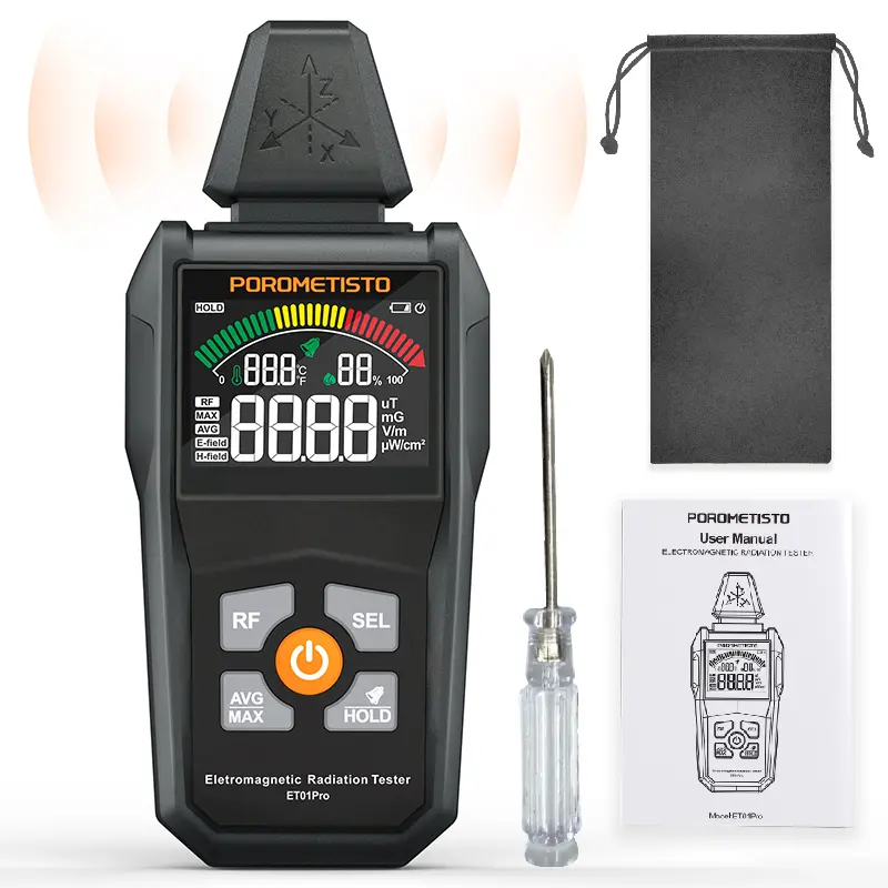 POROMETISTO ET01Pro 5-in-1 High-Precision EMF Detector - Electromagnetic Field Detection Tool with Triaxial Probe, Dual Screen, Sound Alarm, Temp-Humidity Measurement, Battery-Powered, 165g, 170 × 73 × 33Mm, Portable Use for Home, Ghost Hunting