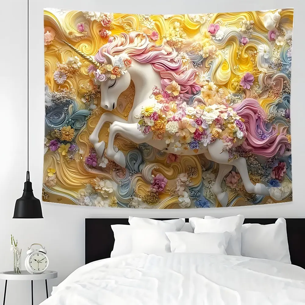 Dreamy Floral-Adorned White Unicorn Pastel Tapestries Home Decoration Hangable Ornaments Wall Large Tapestry Wall Hanging, Multiple Sizes, Easy to Clean and Maintain. Suitable for Living rooms, Bedrooms, Homes and Parties Great Gift for Friend And Family