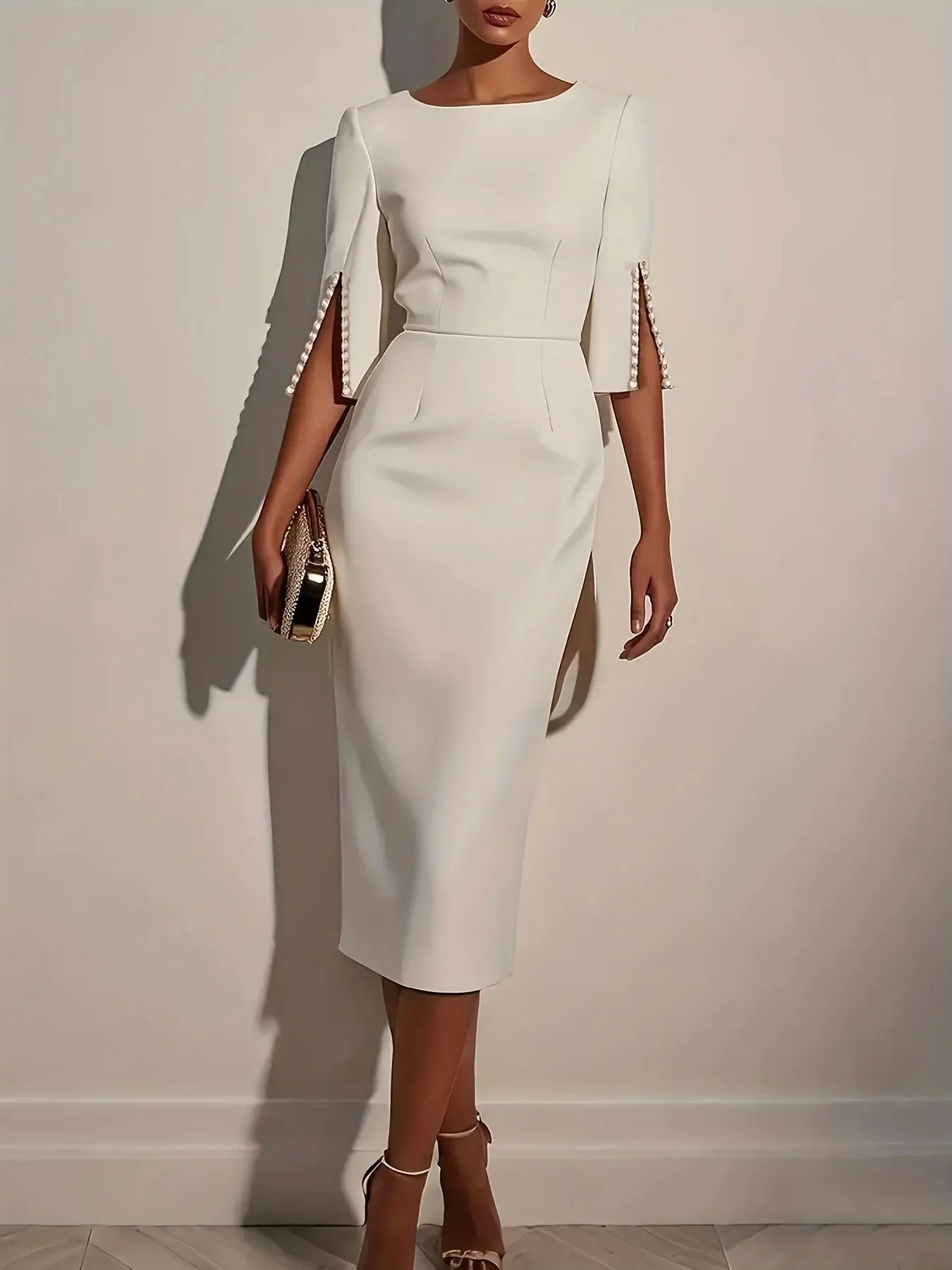 A women's camel-colored, mid-sleeve, boat-neck, figure-hugging, mid-length,  slit-spliced pearl-decorated elegant Chic dress, suitable for summer,  Formal Party Wear, suitable for formal occasions such as evening parties,  business banquets, or weddings ...