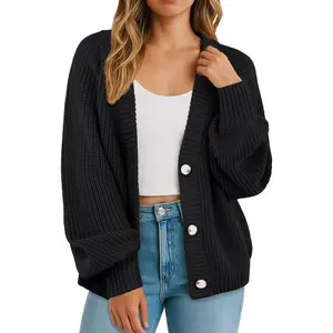 GRECERELLE Women's Chunky Open Front Long Sleeve V-Neck Button Knit Loose Cardigan Sweater Outerwear, S-2XL