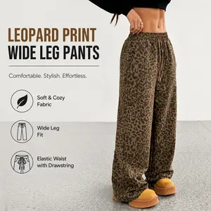 Women's Leopard Print High-Waisted Drawstring Baggy Wide Leg Sweatpants with Pockets, Cheetah Print Lounge Barrel Trousers for Sports & Outdoor Wear