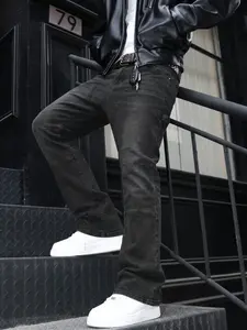Men's Washed Motorcycle Workwear Jeans, Slim Fit Micro Flare, Street Style, All Season, High Waist, Trendy Men's Pants