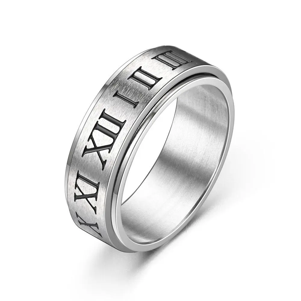 Stainless Steel 8MM Rotatable Ring with Roman Numeral Detailing Stress-Reducing Anti-Anxiety Design for Men Women