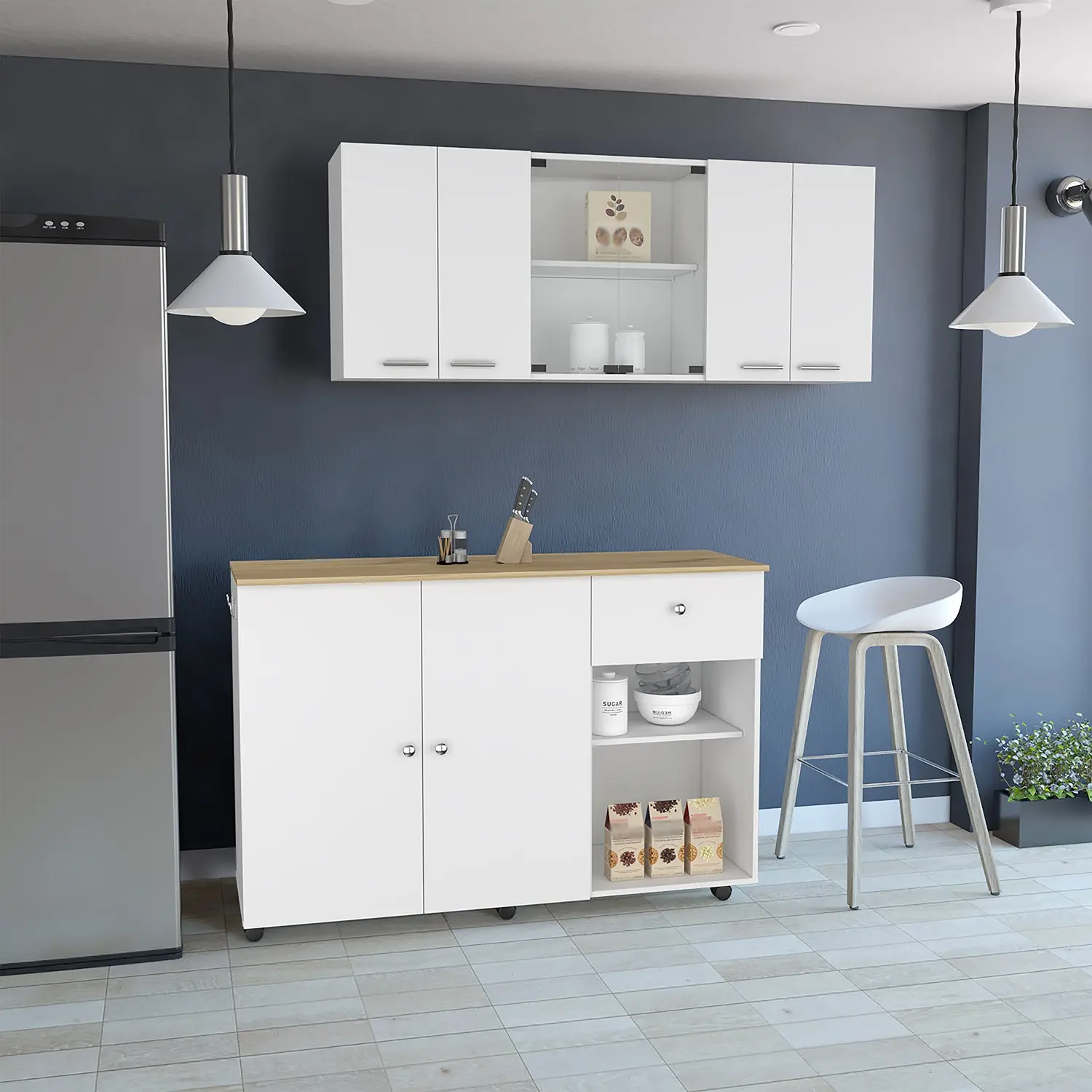 Dreamzon Furniture Minimal Modern Wood Kitchen Storage Set - Easy Assembly Kitchen Island Cart, 150cm Wall Cabinet with Glass Door, Pre-Drilled Holes for Interior Organization, White/Light Oak Design, Assembly Required