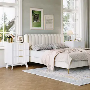 Fluted Bedside Table with 3 Deep Drawers, Modern Wood Night Stand for Bedroom, 23.62'' Wide Wave Front Storage Cabinet with 5.9'' Raised Legs, End Table Pairs Well in a Nightstand Set