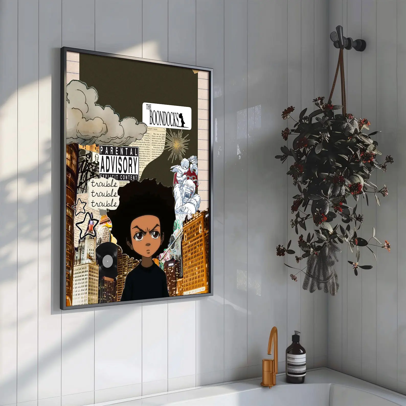 Boondocks Poster – Huey Freeman Urban Collage with Graffiti & Advisory Tag, Anime Style Street Art Print for Bold Room Decor