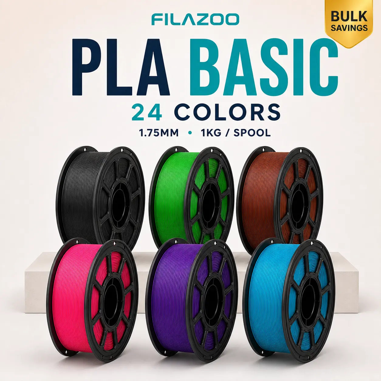 FILAZOO Basic PLA 3D Printer Filament, 1.75mm Diameter, 1KG Spool, 24 Solid Colors Options, Tangle-Free Neat Winding, Smooth Feeding for High-Speed FDM 3D Printers