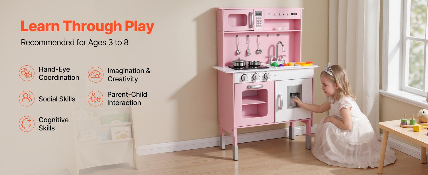 VEVOR Play Kitchen for Kids, Wooden, Kids Kitchen Playset with Real Lights & Sounds, Food & Cookware, Pretend Play Toy Set, Microwave, Oven, Clicking Knobs, for Toddlers, Girls & Boys Ages 3-8, Pink