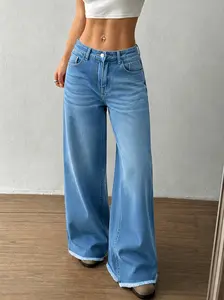 Women's Wide Leg Jeans Casual Baggy High Waisted Stretch Raw Hem Denim Pants