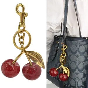 Cherry Bag Purse Charms Keychain - Gold Metal Keyring with Glitter Resin Cherry - Cute Handbag Accessories Gifts for Women, for Birthday Christmas Valentine Day