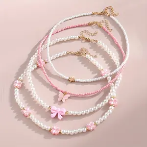 4PCS Bohemian Women Multi-layer Necklaces Set Cute Pink Bow Flower Butterfly Pendant Imitation Pearl Charm Beads Adjustable Handmade Stackable Necklaces Party, Proms, Music Festivals, And Holiday Wear Accessories