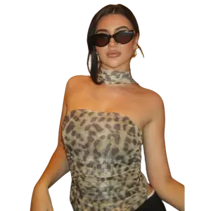 2026   Women's Leopard Print Ruched Mesh Tube Top with Scarf, Casual Strapless Top for Summer, Ladies Clothes for Party Club Beach Vacation, Tube Top