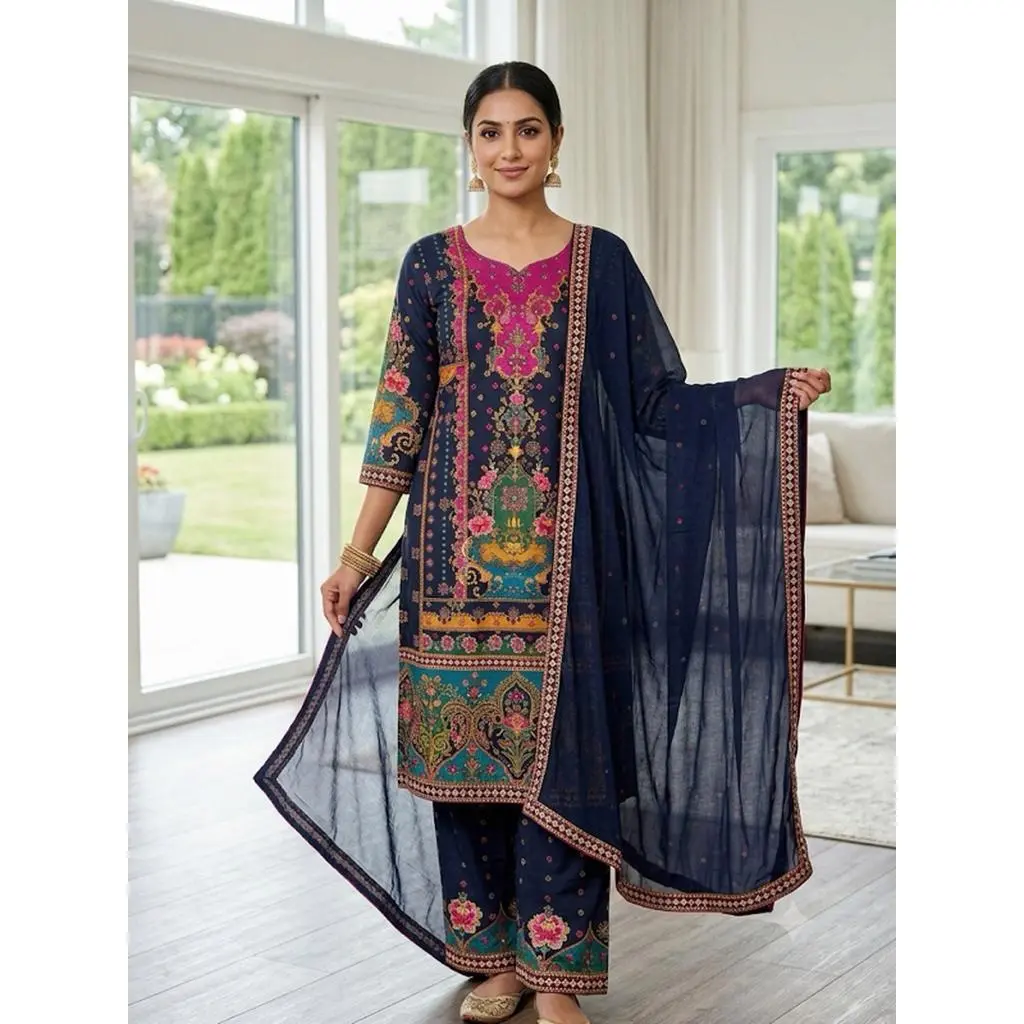 Women's Navy Blue Floral Printed Kurta Set with Dupatta Elegant Three-Piece Outfit Ethnic Wear Trousers and Casual Kurti Set Traditional Festive Wear L-40” XL-42” XXL-44” XXXL-46”