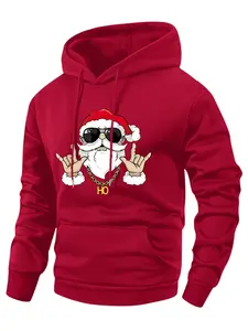 Spring and Autumn New Men's Long Sleeve Hooded Sweatshirt with Pockets Father Christmas Pattern Printed Regular Large Size Casual Sports Fitness Running Travel Holiday Outdoor Camping Men's Clothing Tops