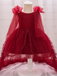Embroidered Burgundy Baby Girl Clothes Infant Christening Cocktail Toddler Baptism Pageant Birthday Party Ball Gown Princess Trailing Dress for all Season 6 Months to 3 Years Toddler Outfit