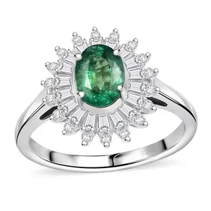 Zambian Emerald & Moissanite Halo Ring in Rhodium over Sterling Silver 1.75ctw