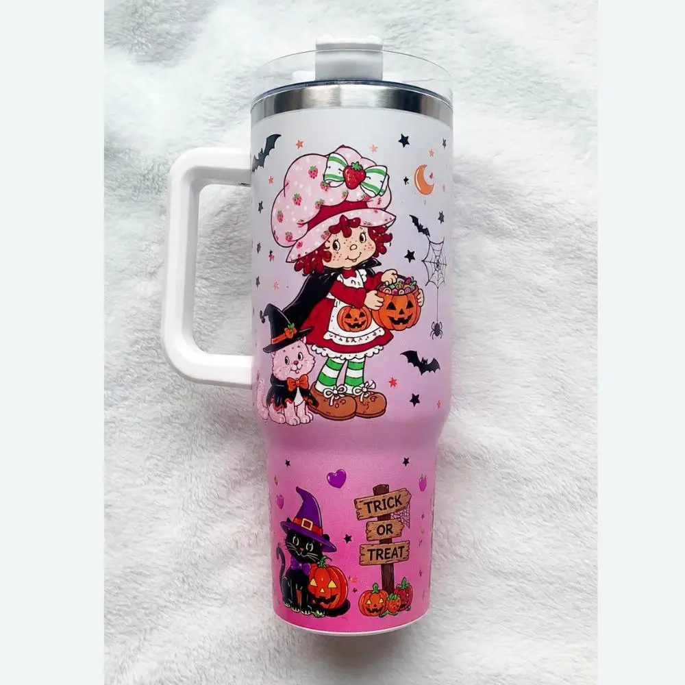 Halloween Strawberry Shortcake 40oz Tumbler with Handle & Straw, Shimmer Pink Gradient Insulated Travel Mug, Cute Spooky Gift