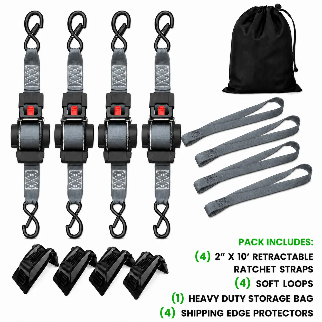 Heavy-Duty Automatic Retractable Ratchet Straps – Includes 4 Transport Corner Protectors – 2 in. x 10 ft. (3,300 lb. Break Strength) – Heavy-Duty Auto-Retracting Tie-Down Straps for Trucks, Cargo Trailers, Motorcycles, and More