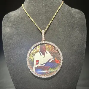 Personalized Customized Oversized Solid Frame Photo Pendant Picture Necklace for Boys, White Synthetic Cubic Zirconia, Copper Plated with April Birthstone, Unique Rock Theme Jewelry