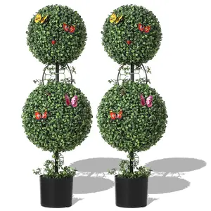 3Ft Double Ball Topiary Trees, Faux Topiary Tree with Vines & Insects Decoration for Garden Decor(Set of 2)