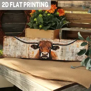1PC 2D Flat Print Vintage Longhorn Metal Wall Decor - Durable Western Ranch Decor, 3.93x 15.74inch , Farmhouse Style Office Home Hanging Art, Rustic Style Sturdy Construction, Home Decor Artwork, Wall Art Decoration