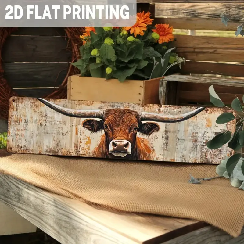 1PC 2D Flat Print Vintage Longhorn Metal Wall Decor, Home Decor Products - Durable Western Ranch Decor, 3.93x 15.74inch, Farmhouse Style Office Home Hanging Art, Rustic Style Construction, Home Decor Artwork