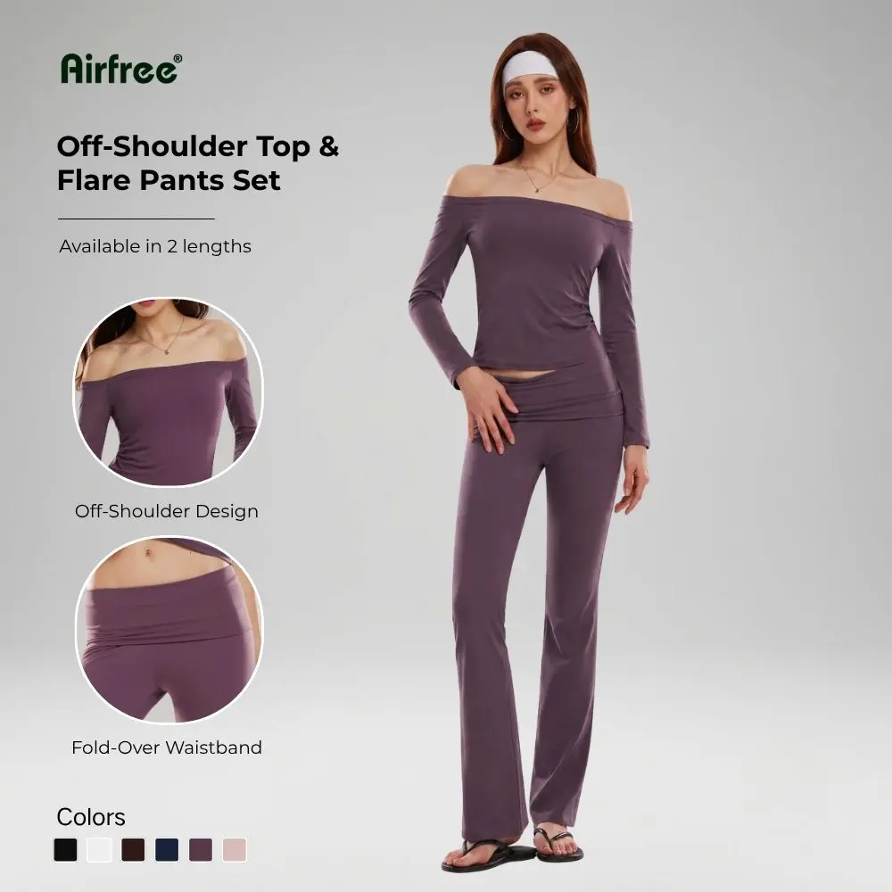 Airfree Off-Shoulder & Flare Set — Soft Stretch Long Sleeve Top with Fold-Over Waist Flare Pants Trendy Two-Piece Outfit Casual Womenswear summerwins, weekend vibes, dinner date, sohochic, TikTokShopBackToSchool