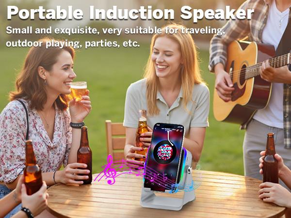 [SummerWins] 5-in-1 Wireless Induction Audio & Bluetooth Speaker with Phone Holder, 3500mAh Rechargeable Emergency Power Bank, 8 RGB Ambient Light, 360° Adjustable Mobile Tablet Stand– Gifts for Friends, Family